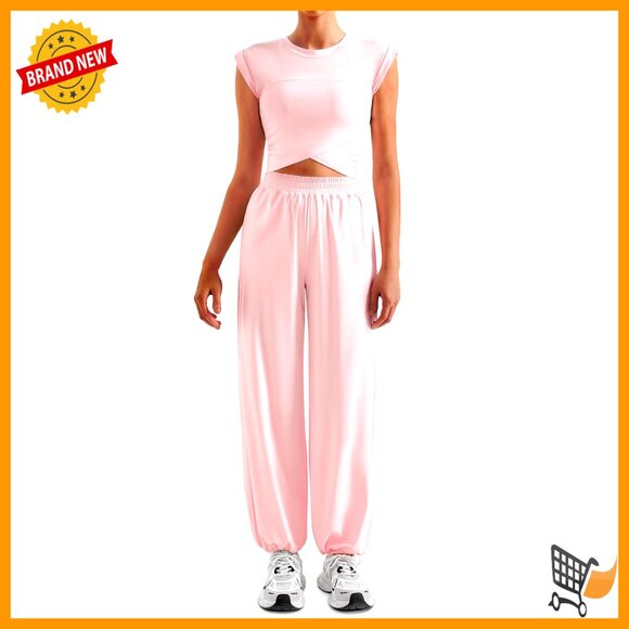 Sleeveless Cropped Top High Waisted Wide Leg Pants Lounge Workout Set Soft